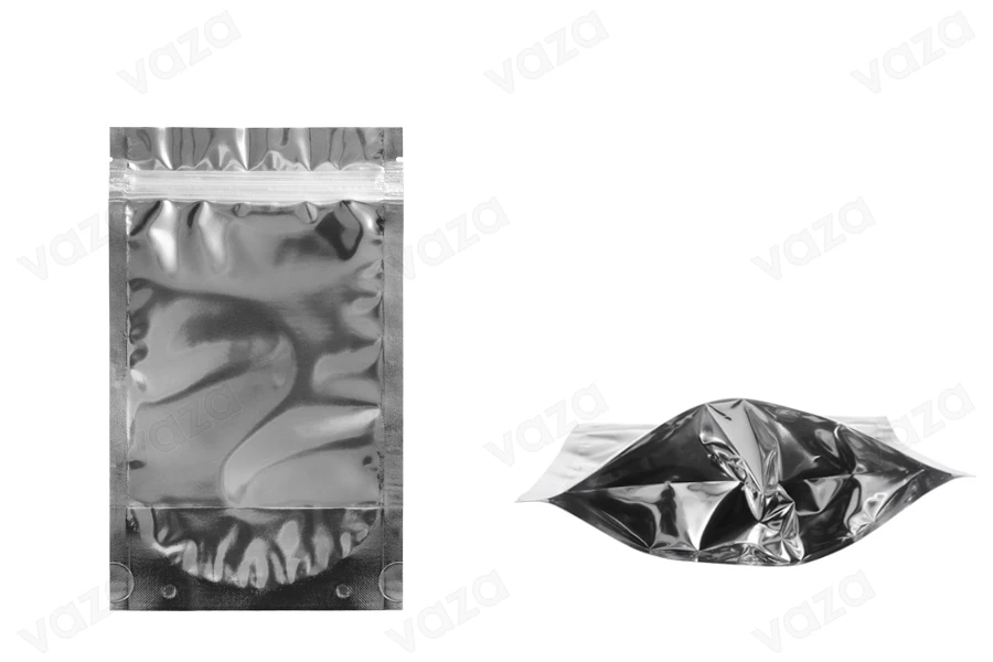Σακουλάκια τύπου Doy Pack 120x30x200 mm αλουμινίου πίσω πλευρά, διάφανο μπροστά με κλείσιμο "zip" και δυνατότητα σφράγισης με θερμοκόλληση - 100 τμχ-εικόνα_προϊοντική