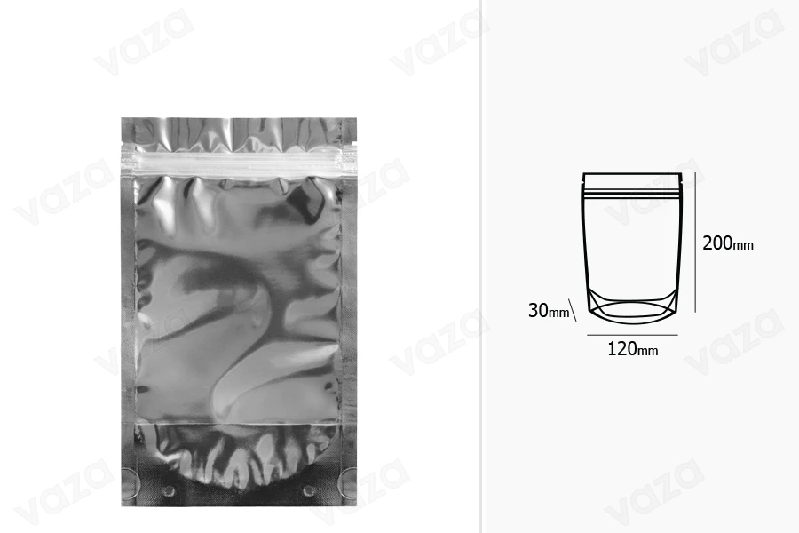 Σακουλάκια τύπου Doy Pack 120x30x200 mm αλουμινίου πίσω πλευρά, διάφανο μπροστά με κλείσιμο "zip" και δυνατότητα σφράγισης με θερμοκόλληση - 100 τμχ-εικόνα_διαστάσεις