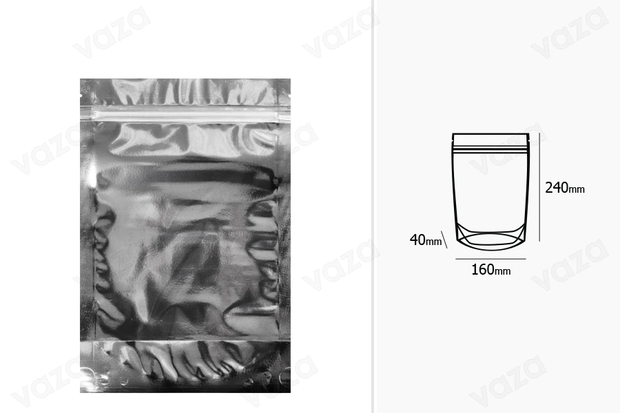Σακουλάκια τύπου Doy Pack 160x40x240 mm αλουμινίου πίσω πλευρά, διάφανο μπροστά με κλείσιμο "zip" και δυνατότητα σφράγισης με θερμοκόλληση - 100 τμχ Σακουλάκια τύπου Doy Pack 160x40x240 mm αλουμινίου πίσω πλευρά, διάφανο μπροστά με κλείσιμο "zip" και δυνατότητα σφράγισης με θερμοκόλληση - 100 τμχ-εικόνα_διαστάσεις