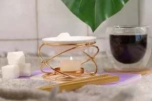Brûleur en métal de forme ronde avec base en céramique pour fondants de cire et huiles-3