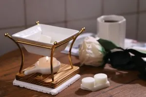 Brûleur en métal avec base en bois et cuillère en céramique pour fondants de cire et huiles-3