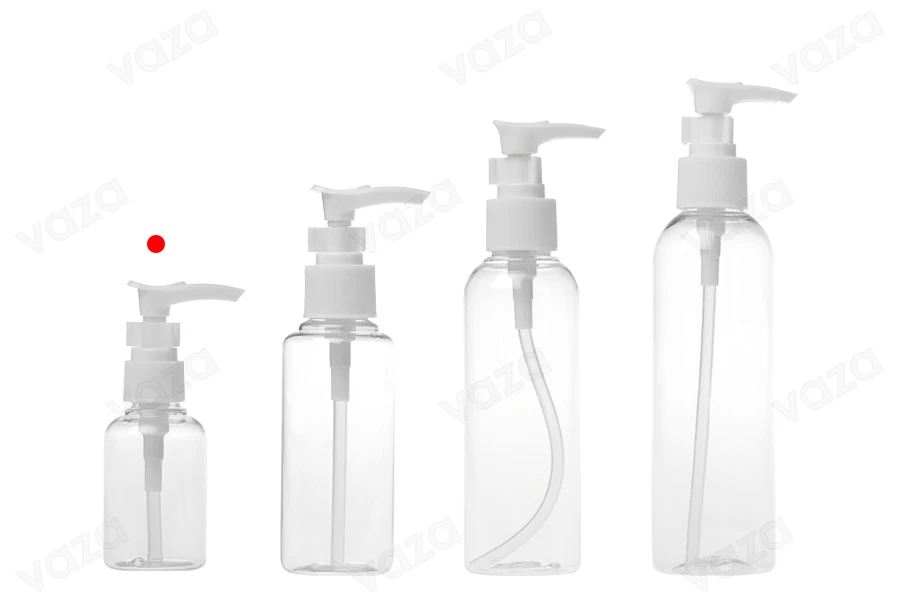 Bouteille PET de 50 ml avec pompe pour shampooing en lot de 12 pièces Bouteille PET de 50 ml avec pompe pour shampooing en lot de 12 pièces-photo_groupe