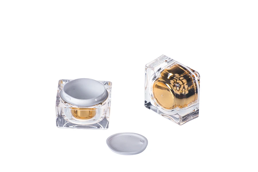 Pot de luxe pour crème de 10ml, acrylique avec joint intérieur sur le couvercle et plastique sur le pot Pot de luxe pour crème de 10ml, acrylique avec joint intérieur sur le couvercle et plastique sur le pot