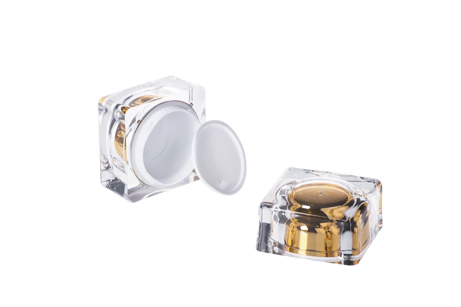 Pot de luxe pour crème de 10ml, acrylique avec joint intérieur sur le couvercle et plastique sur le pot Pot de luxe pour crème de 10ml, acrylique avec joint intérieur sur le couvercle et plastique sur le pot