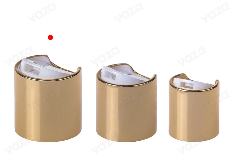 Bouchon disk top en plastique PP28 avec revêtement en aluminium de couleur dorée ou argentée.-