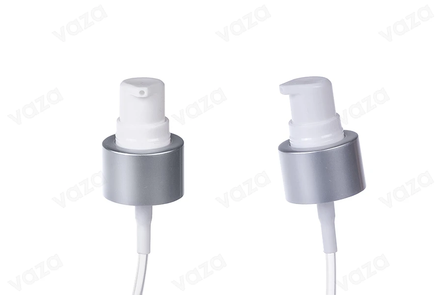 Silver aluminum cream dispenser pump with PP24 finish. Transparent cap with silver stripe (10cm tube) Silver aluminum cream dispenser pump with PP24 finish. Transparent cap with silver stripe (10cm tube)-image_group