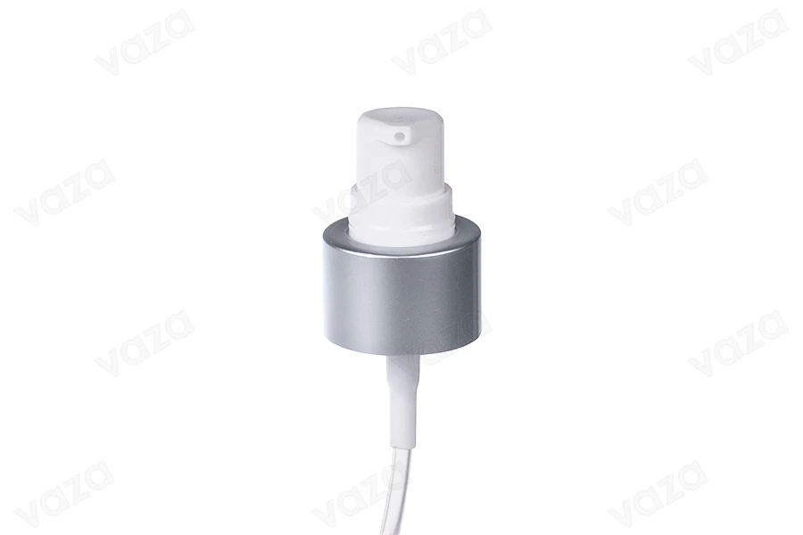 Silver aluminum cream dispenser pump with PP24 finish. Transparent cap with silver stripe (10cm tube) Silver aluminum cream dispenser pump with PP24 finish. Transparent cap with silver stripe (10cm tube)-image_dimensions