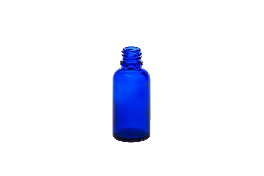 Bottiglietta da 30 ml in vetro blu per una porzione di olio d'oliva. Bottiglietta da 30 ml in vetro blu per una porzione di olio d'oliva.
