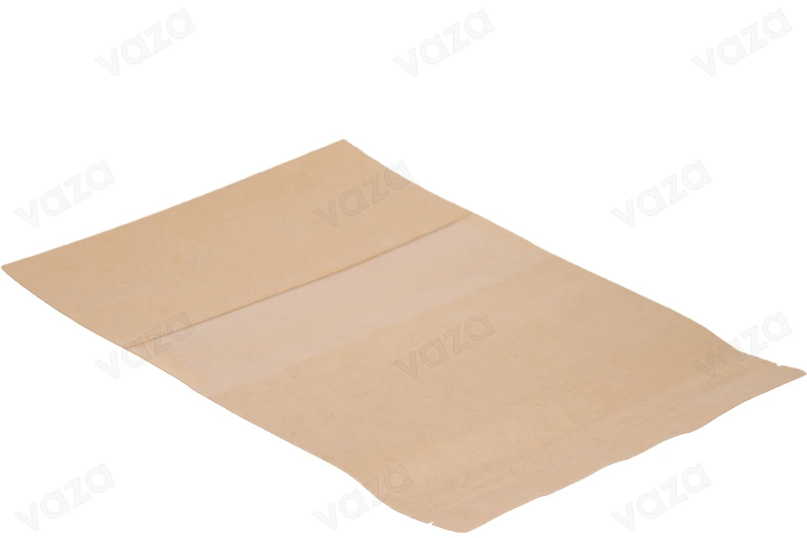 Σακουλάκια κραφτ τύπου Doy Pack  180x50x260 mm, με κλείσιμο "zip" και παράθυρο, εσωτερική και εξωτερική διάφανη επένδυση και δυνατότητα σφράγισης με θερμοκόλληση - 100 τμχ-