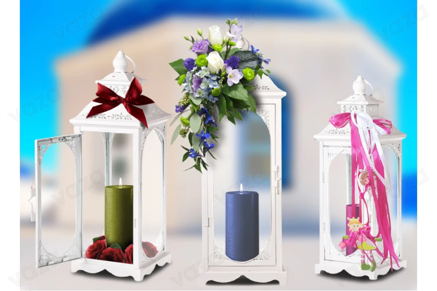 Decorated metal lantern with glass windows, 3 piece set in size S-M-L-image_dimensions