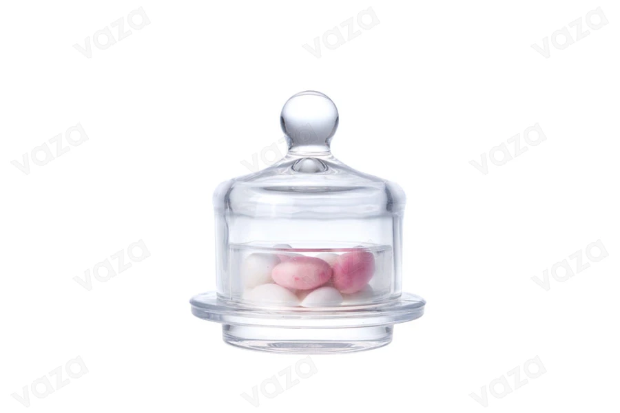 Petit pot en verre rond décoratif avec couvercle en verre pour dragées et bonbons-photo_groupe