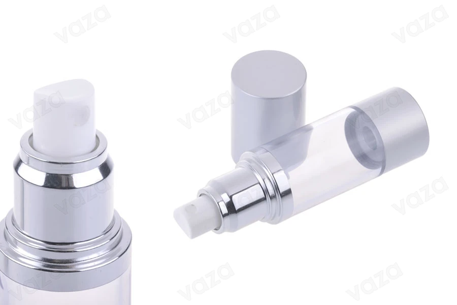 Μπουκάλι airless για υδαρή μείγματα 30 ml με πλαστικό, διάφανο σώμα, καπάκι και βάση αλουμινίου σε ασημί ΜΑΤ Μπουκάλι airless για υδαρή μείγματα 30 ml με πλαστικό, διάφανο σώμα, καπάκι και βάση αλουμινίου σε ασημί ΜΑΤ-εικόνα_προϊοντική