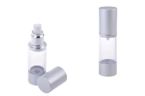 Flacon airless pour mélanges aqueux 30 ml avec corps en plastique transparent, base et couvercle en aluminium de couleur MAT argentée-