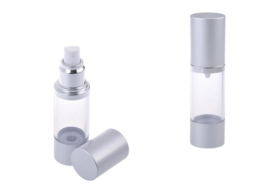 Flacon airless pour mélanges aqueux 30 ml avec corps en plastique transparent, base et couvercle en aluminium de couleur MAT argentée-