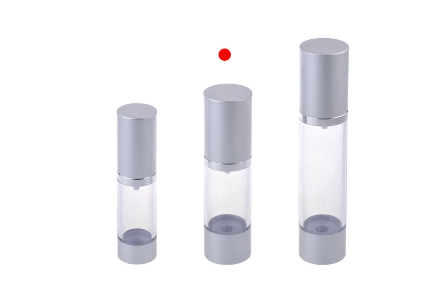 Flacon airless pour mélanges aqueux 30 ml avec corps en plastique transparent, base et couvercle en aluminium de couleur MAT argentée-photo_groupe