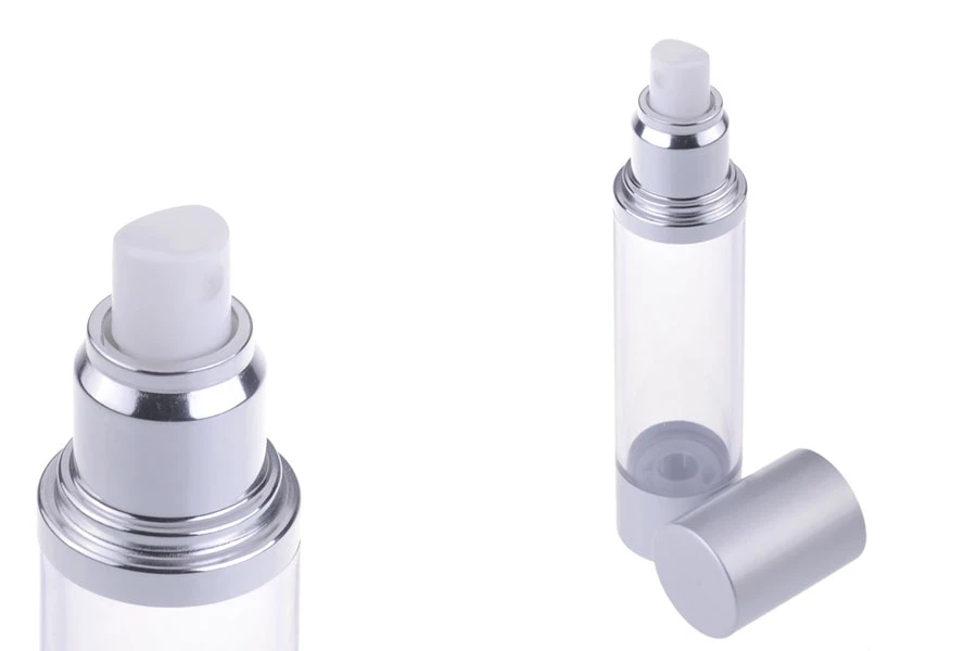 Airless bottle for aqueous mixtures 50 ml with plastic, transparent body, aluminum cap and base in silver MATTE-image_product