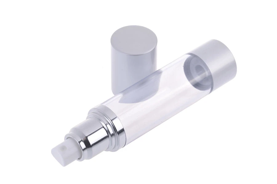 Airless bottle for aqueous mixtures 50 ml with plastic, transparent body, aluminum cap and base in silver MATTE-image_dimensions