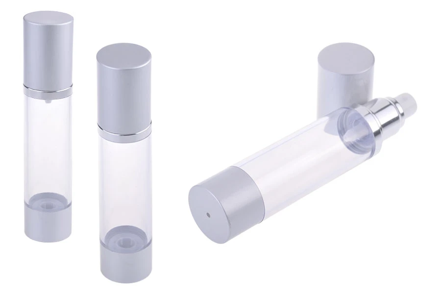 Airless bottle for aqueous mixtures 50 ml with plastic, transparent body, aluminum cap and base in silver MATTE-