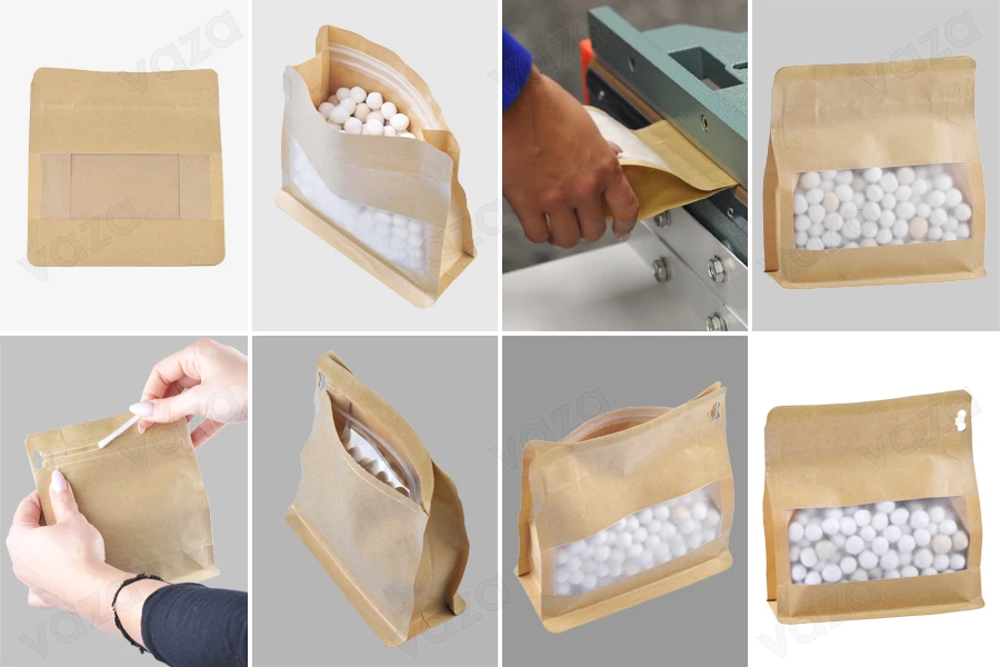 Doypack stand-up pouch kraft 137x66x123 mm, heat sealable, easy open with sealing strip and zipper, window, transparent inside and outside layer -image_group