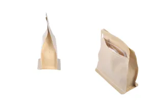 Σακουλάκια κραφτ τύπου Doy Pack, κλείσιμο με θερμοκόλληση, άνοιγμα με ταινία ασφαλείας και χρήση του zipper, παράθυρο, εσωτερική και εξωτερική διάφανη επένδυση 137x66x123-3