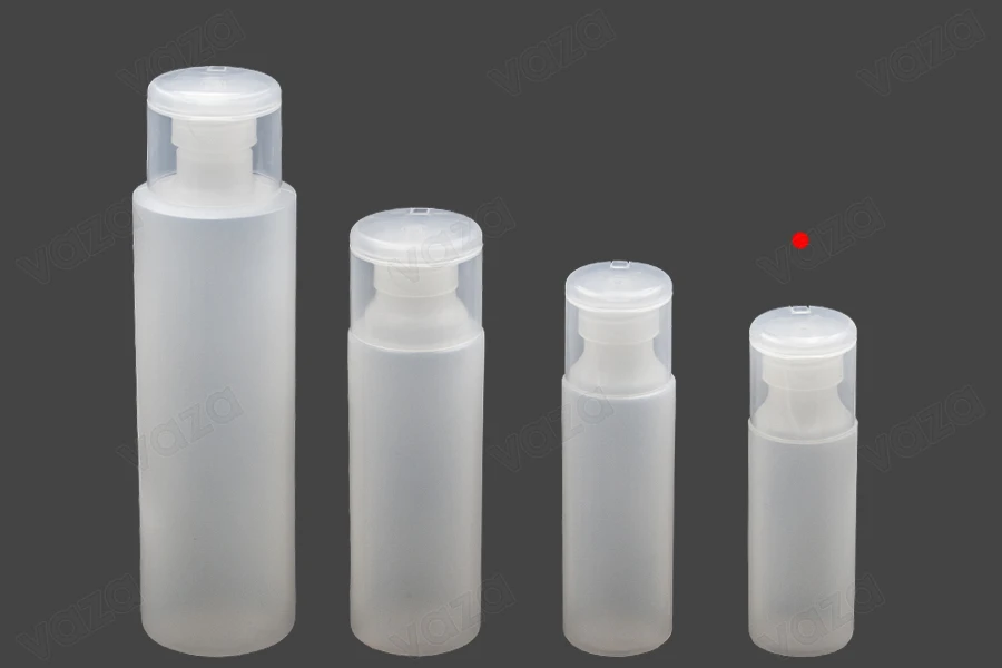 Bottiglia di plastica semitrasparente da 100 ml con tappo flip top per shampoo e lozione.-gruppo_immagini