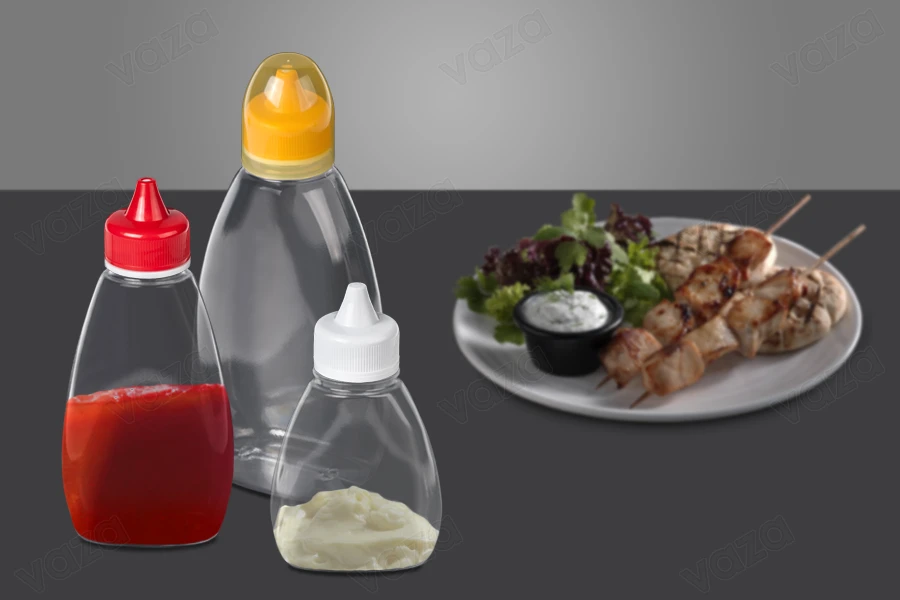 Μπουκάλι πλαστικό διάφανο 350 ml για κέτσαπ, μουστάρδα, μέλι-εικόνα_σύνθεση
