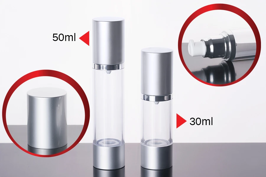 Μπουκάλι airless για κρέμα 30 ml με πλαστικό, διάφανο σώμα, καπάκι και βάση αλουμινίου σε 2 χρώματα