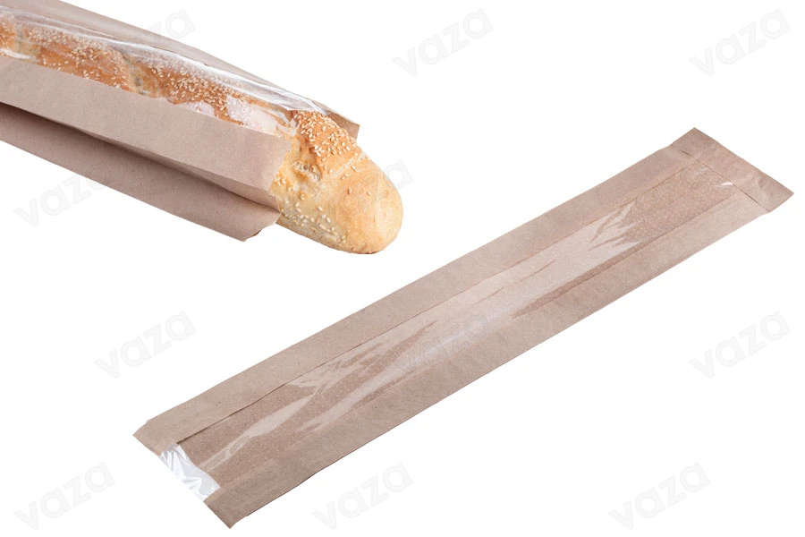 Sacchetto porta pane kraft marrone di dimensione 120x50x650 con finestra 70 mm per baguette - 100 pz-immagine_prodotto