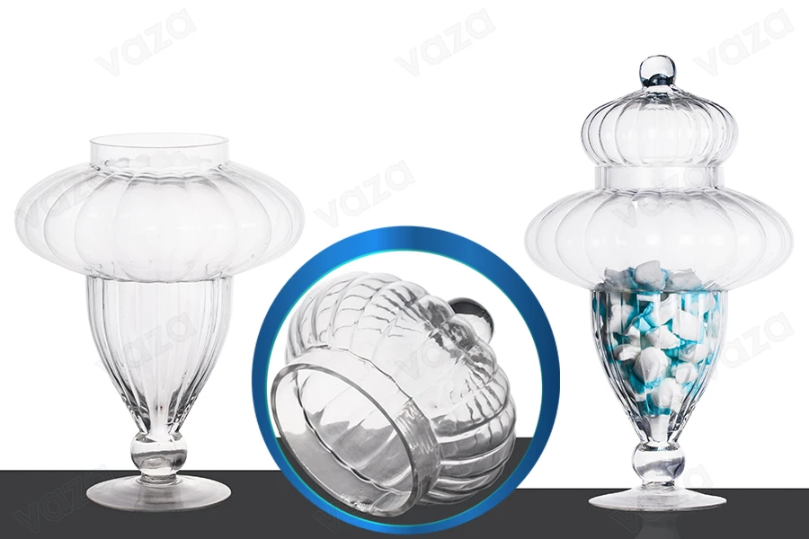 Decorative glass jar with lid on foot in size 200x380 mm-εικόνα_προϊοντική