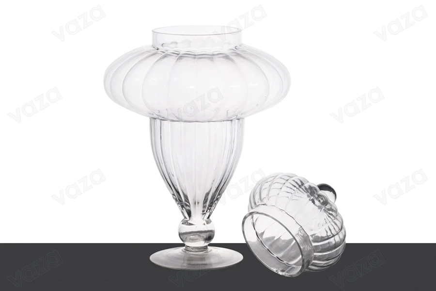 Decorative glass jar with lid on foot in size 200x380 mm-