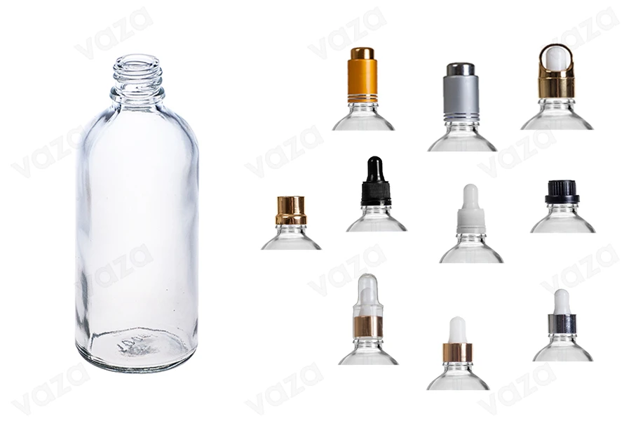 Flacon en verre pour huiles essentielles de 100 ml transparent avec bouchon PP18-photo_groupe