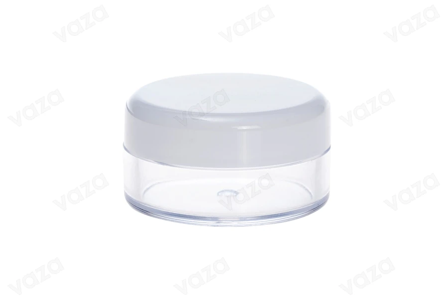 Kavanoz transparent për kremra 10 ml SAN me kapak të bardhë Kavanoz transparent për kremra 10 ml SAN me kapak të bardhë-imazh_produkt