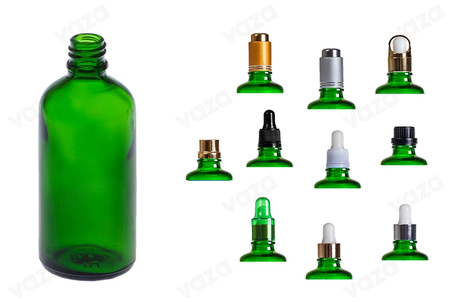 Green glass bottle 100 ml for essential oils with PP18 neck Green glass bottle 100 ml for essential oils with PP18 neck-image_group