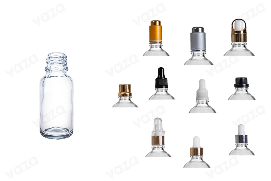 Flacon en verre pour huiles essentielles de 20 ml transparent avec bouchon PP18-photo_groupe