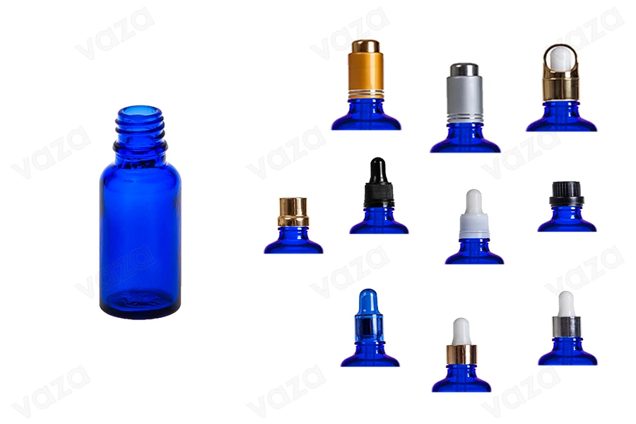 Flacon en verre pour huiles essentielles de 20 ml bleu avec bouchon PP18 Flacon en verre pour huiles essentielles de 20 ml bleu avec bouchon PP18-photo_groupe