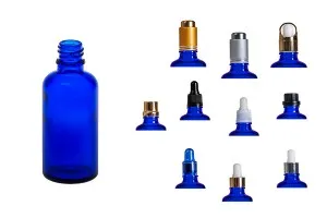 Γυάλινο μπουκαλάκι για αιθέρια έλαια 50 ml μπλέ με στόμιο PP18-7