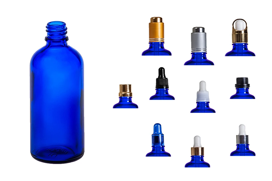 Γυάλινο μπουκαλάκι για αιθέρια έλαια 100 ml μπλε με στόμιο PP18 Γυάλινο μπουκαλάκι για αιθέρια έλαια 100 ml μπλε με στόμιο PP18