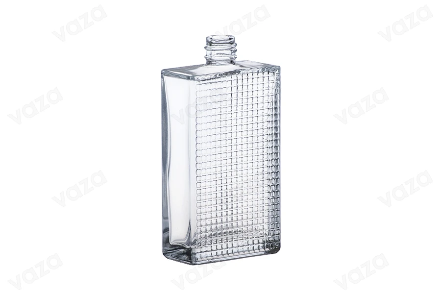 Bottiglia di vetro sagomato per profumi da 90 ml (18/415). Bottiglia di vetro sagomato per profumi da 90 ml (18/415).-dimensioni_immagine