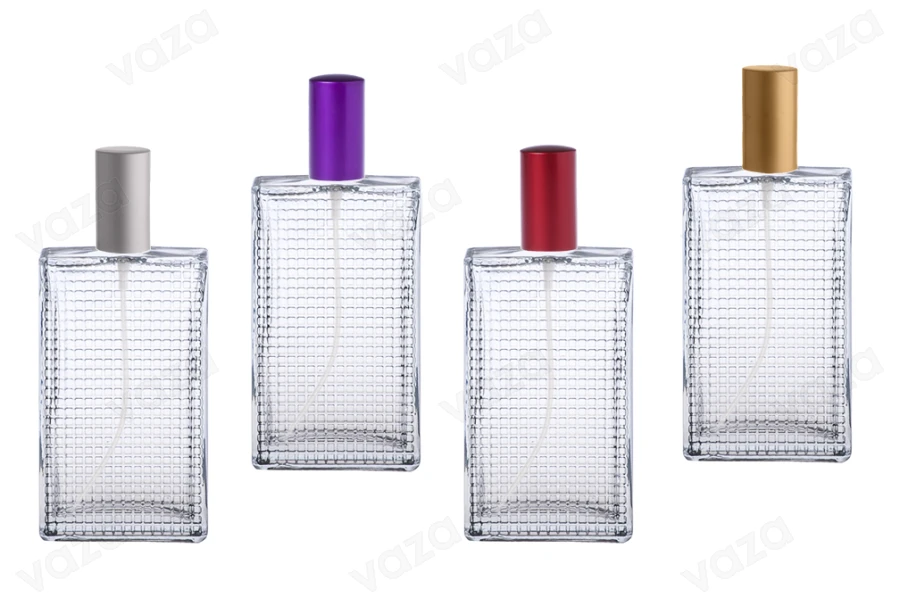 Bottiglia di vetro sagomato per profumi da 90 ml (18/415). Bottiglia di vetro sagomato per profumi da 90 ml (18/415).-gruppo_immagini