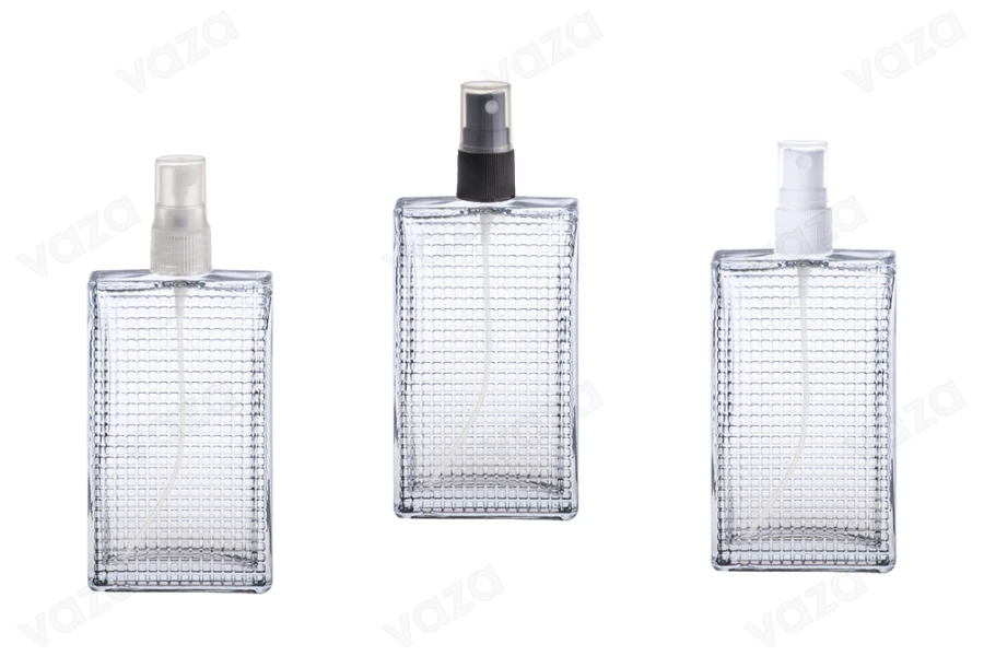 Bottiglia di vetro sagomato per profumi da 90 ml (18/415). Bottiglia di vetro sagomato per profumi da 90 ml (18/415).-gruppo_immagini