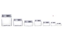 Vasetto in plastica (PET) trasparente da 50 ml con tappo in alluminio argentato con sigillo