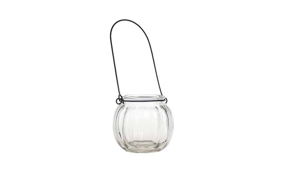 200ml round glass lantern tealight holder with metal handle