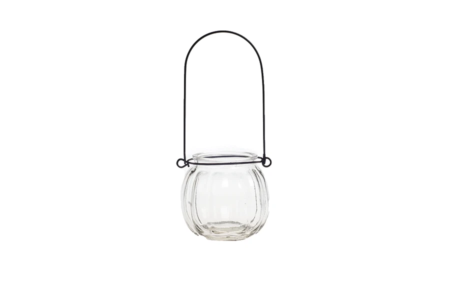 200ml round glass lantern tealight holder with metal handle