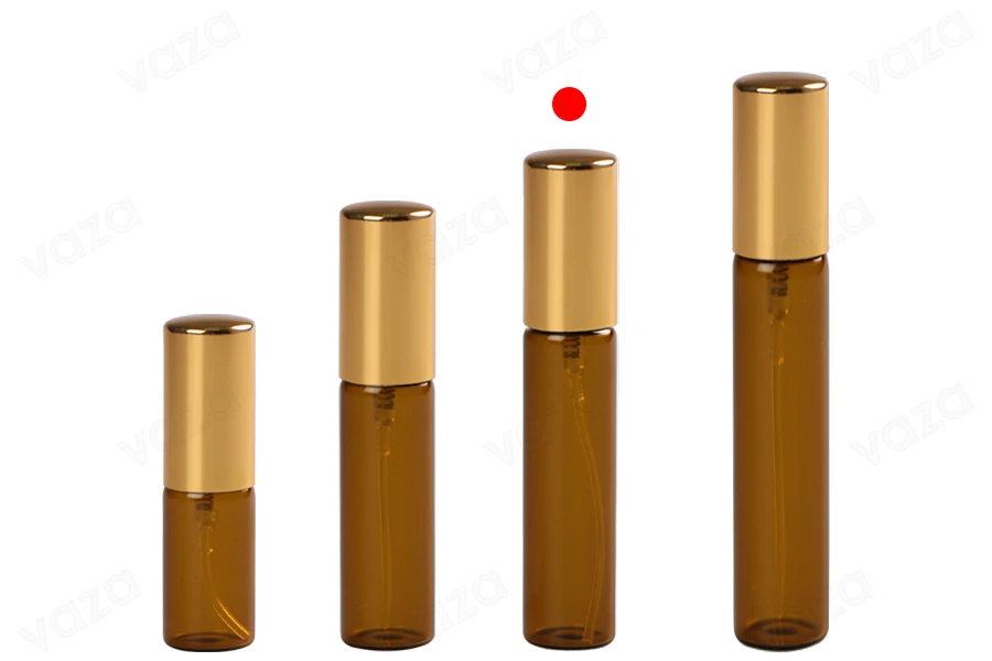 Μπουκαλάκι 10 ml γυάλινο, καραμελέ με σπρέι αλουμινίου σε χρυσό γυαλιστερό - 6 τμχ-εικόνα_σύνθεση