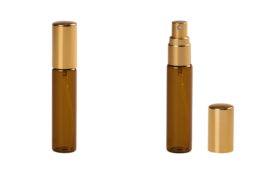 10ml amber glass perfume atomizer with shiny gold aluminum spray pump - available in a package with 6 pcs