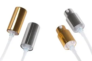 Aluminum cream pump with nozzle and PP18 finish, available in different colors.