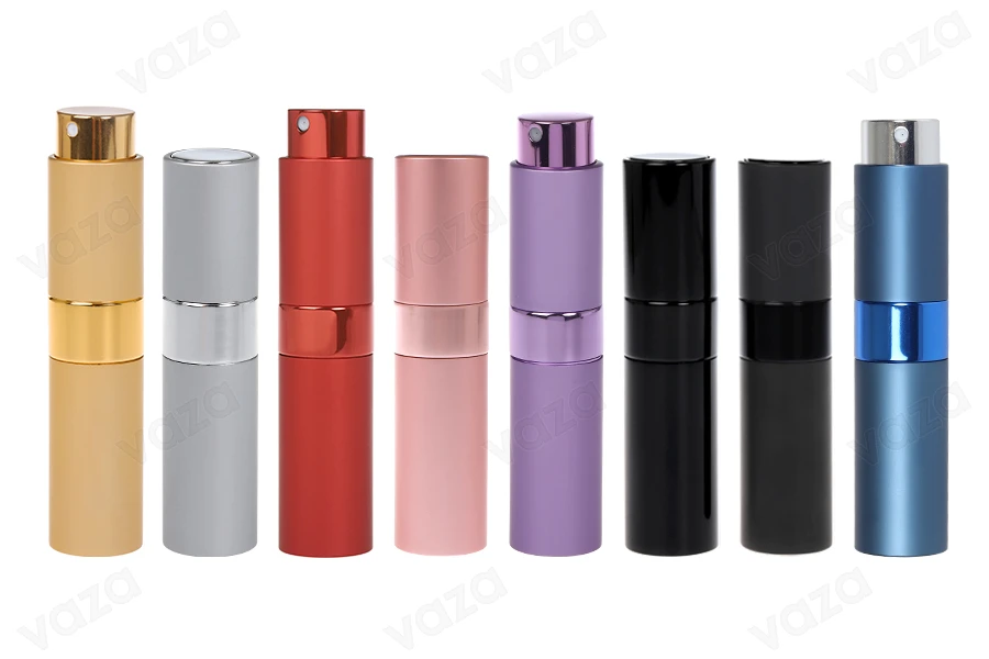 Bottiglietta con spray in alluminio da 8 ml per profumi. Bottiglietta con spray in alluminio da 8 ml per profumi.-immagine_prodotto
