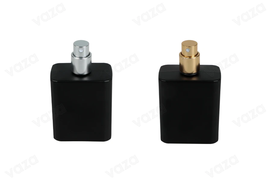 Flacon de parfum en verre de 50 ml de couleur noire avec vaporisateur et bouchon-photo_groupe