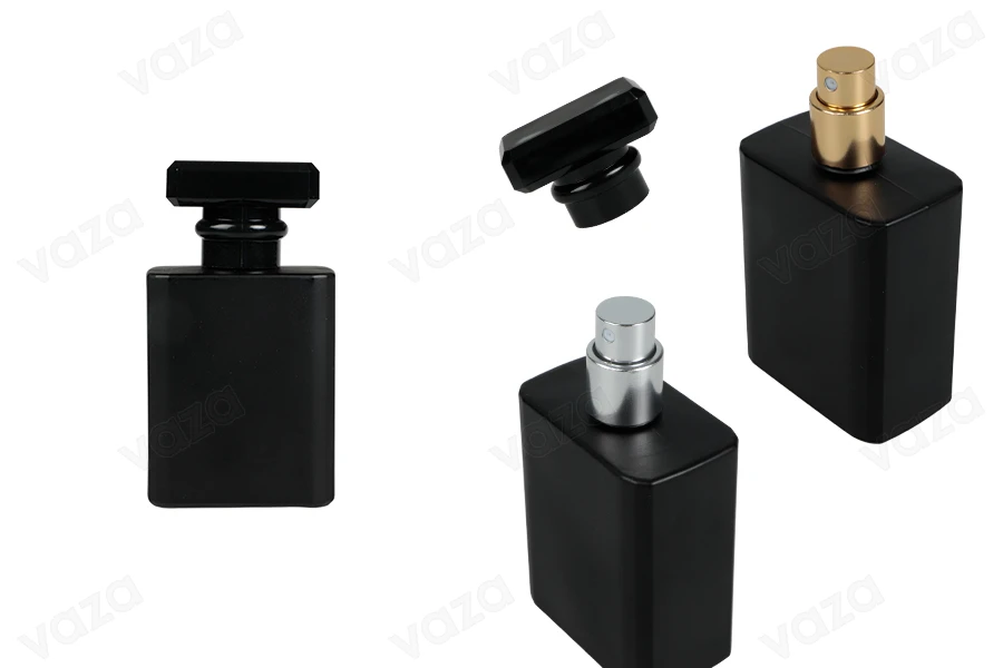 Flacon de parfum en verre de 50 ml de couleur noire avec vaporisateur et bouchon-photo_produit