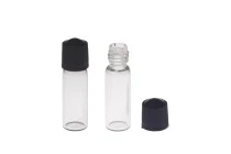 Γυάλινο μπουκαλάκι μινιατούρα 1 ml, 10x35 διάφανο με μαύρο, πλαστικό βιδωτό καπάκι Γυάλινο μπουκαλάκι μινιατούρα 1 ml, 10x35 διάφανο με μαύρο, πλαστικό βιδωτό καπάκι